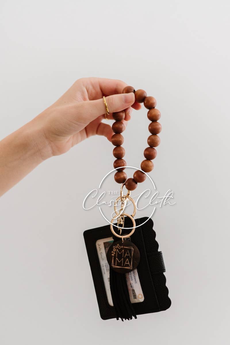 MAMA Wristlet Keychain Wallet- Solid Wood w/Blk Tassel