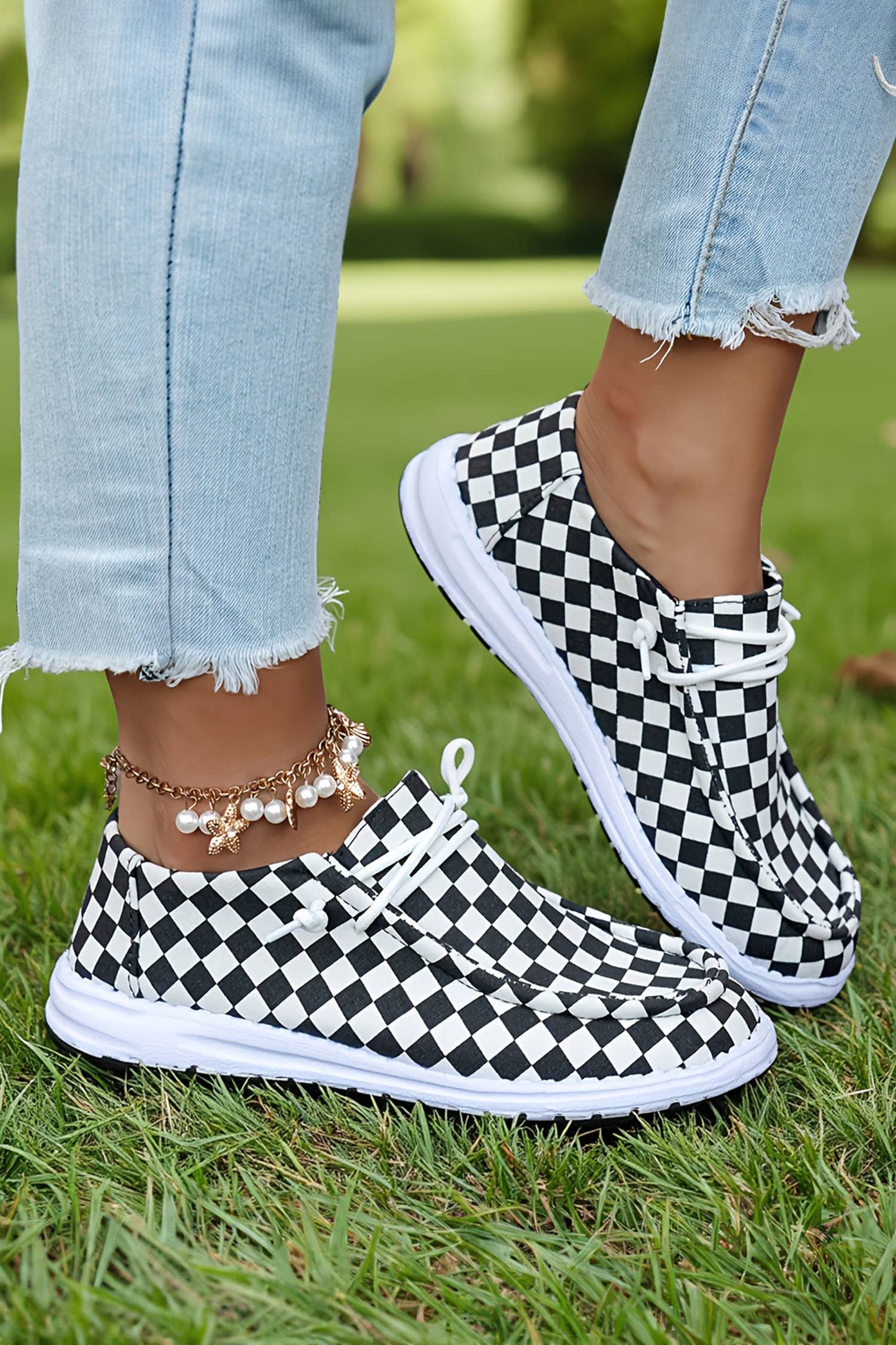 Checkered/ Leopard Print Lace-up Detail Flat Shoes