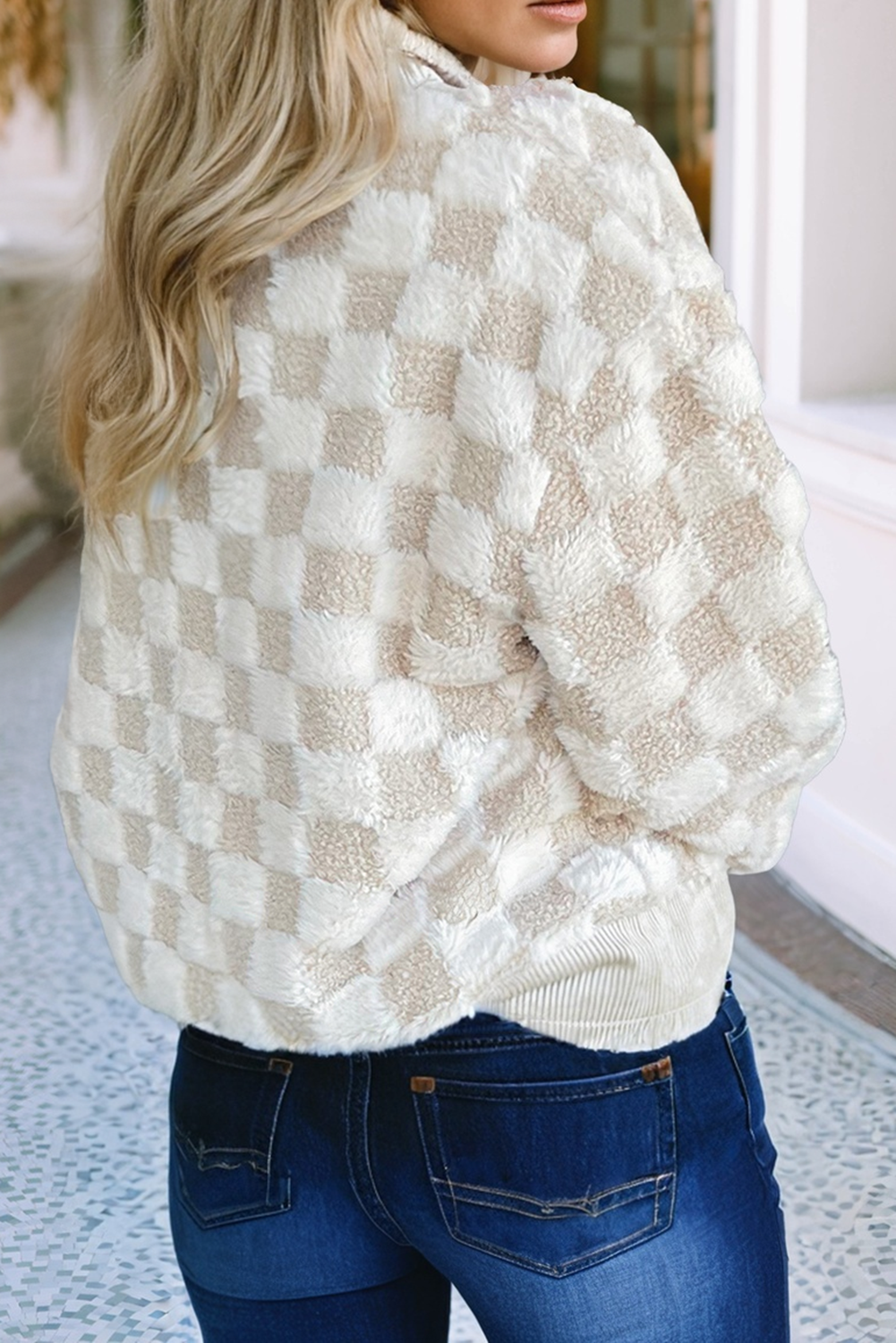 Checkered Sherpa Corduroy Patchwork Collared Sweatshirt