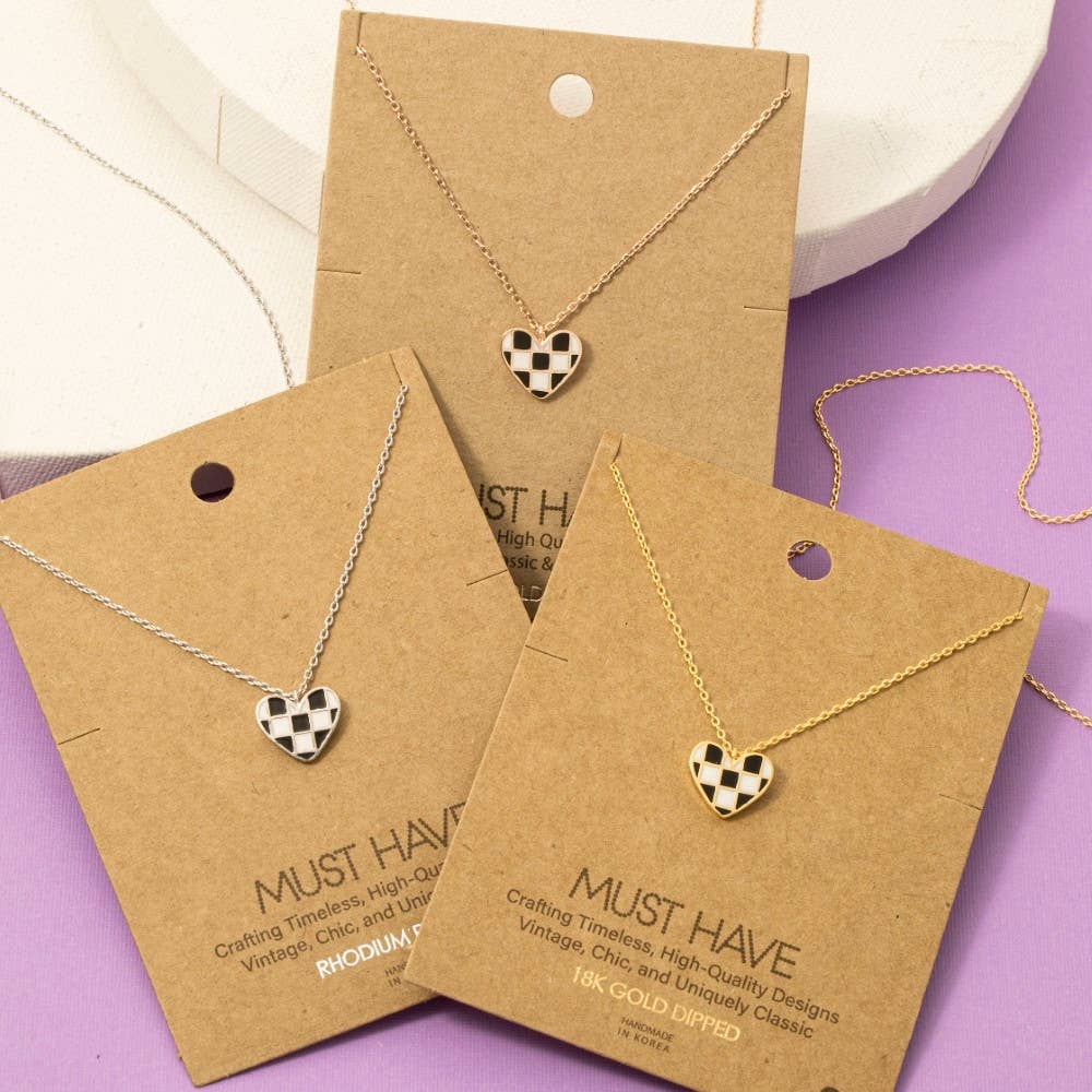Gold Dipped Epoxy Checkered Heart Pendant Necklace