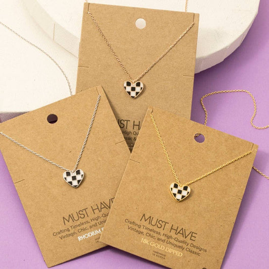 Gold Dipped Epoxy Checkered Heart Pendant Necklace