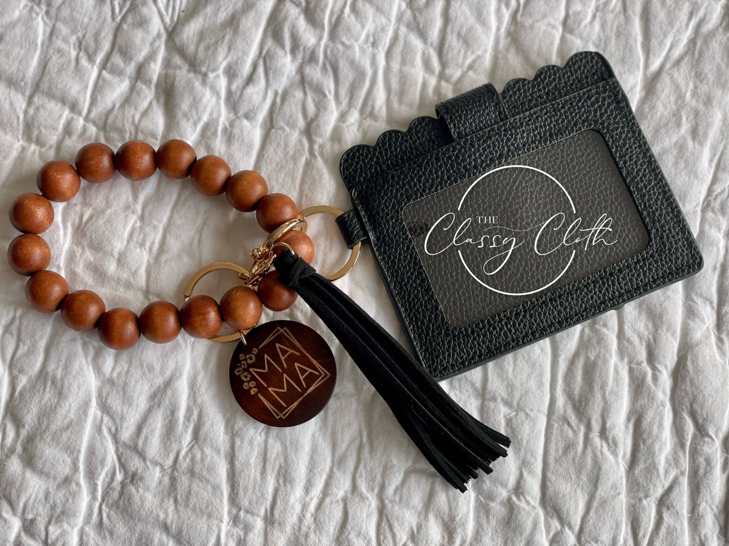 MAMA Wristlet Keychain Wallet- Solid Wood w/Blk Tassel